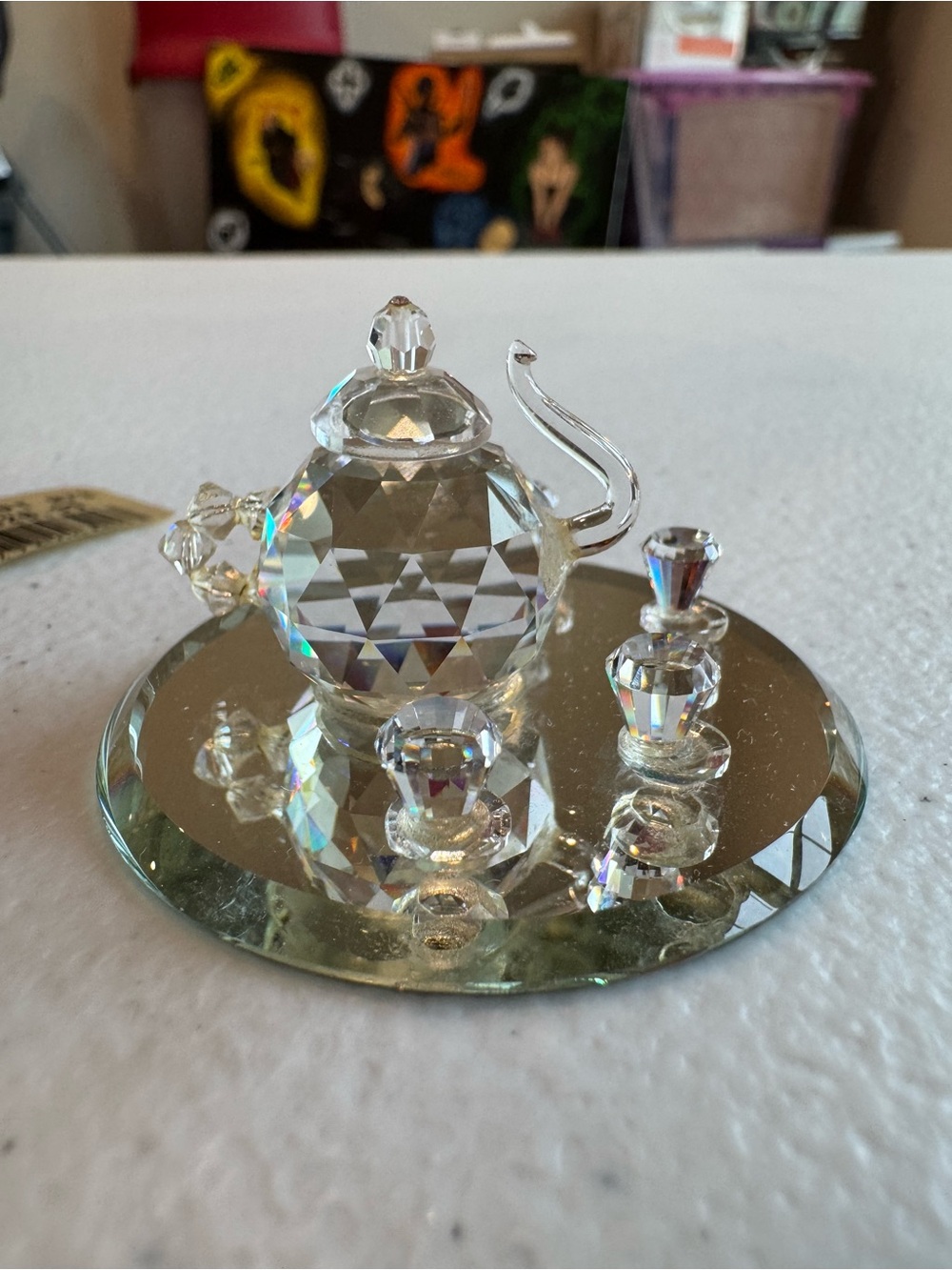 Vintage Crystal Tea Time Figurine on Mirrored Base - Clear